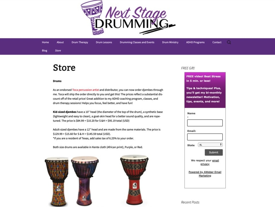 Next stage drumming landing page with sign up form in side navigation